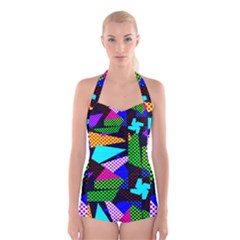 Trippy Blocks, Dotted Geometric Pattern Boyleg Halter Swimsuit  by Casemiro