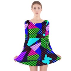 Trippy Blocks, Dotted Geometric Pattern Long Sleeve Velvet Skater Dress