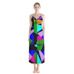 Trippy Blocks, Dotted Geometric Pattern Button Up Chiffon Maxi Dress