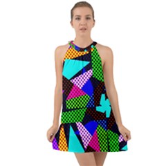 Trippy Blocks, Dotted Geometric Pattern Halter Tie Back Chiffon Dress by Casemiro