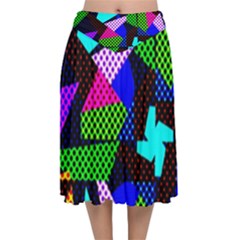 Trippy Blocks, Dotted Geometric Pattern Velvet Flared Midi Skirt