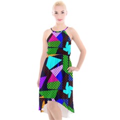 Trippy Blocks, Dotted Geometric Pattern High-low Halter Chiffon Dress  by Casemiro