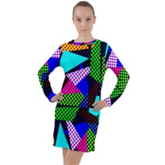 Trippy Blocks, Dotted Geometric Pattern Long Sleeve Hoodie Dress by Casemiro