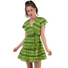 Watermelon Pattern, Fruit Skin In Green Colors Flutter Sleeve Wrap Dress by Casemiro