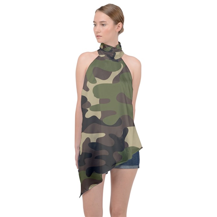 Texture military camouflage-repeats seamless army green hunting Halter Asymmetric Satin Top