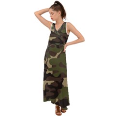 Texture Military Camouflage-repeats Seamless Army Green Hunting V-neck Chiffon Maxi Dress by Vaneshart