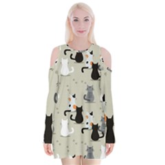 Cute Cat Seamless Pattern Velvet Long Sleeve Shoulder Cutout Dress by Vaneshart