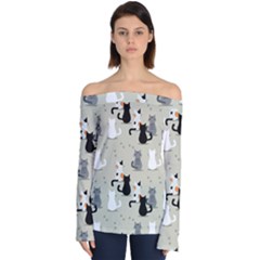 Cute Cat Seamless Pattern Off Shoulder Long Sleeve Top by Vaneshart