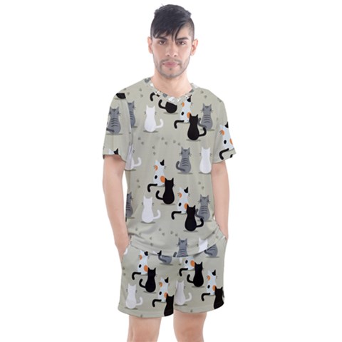 Cute Cat Seamless Pattern Men s Mesh Tee And Shorts Set by Vaneshart