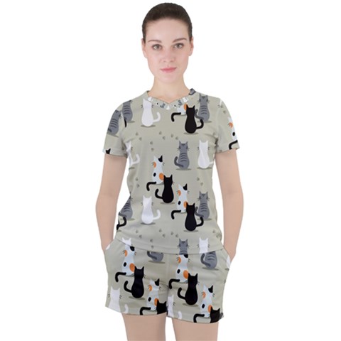 Cute Cat Seamless Pattern Women s Tee And Shorts Set by Vaneshart