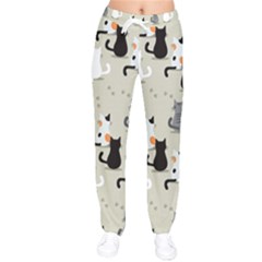 Cute Cat Seamless Pattern Women Velvet Drawstring Pants