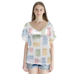 Cute Cat Colorful Cartoon Doodle Seamless Pattern V-neck Flutter Sleeve Top by Vaneshart