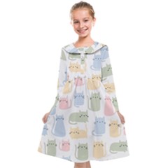 Cute Cat Colorful Cartoon Doodle Seamless Pattern Kids  Midi Sailor Dress