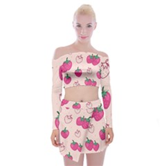 Seamless Strawberry Fruit Pattern Background Off Shoulder Top With Mini Skirt Set by Vaneshart