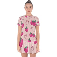 Seamless Strawberry Fruit Pattern Background Drop Hem Mini Chiffon Dress by Vaneshart