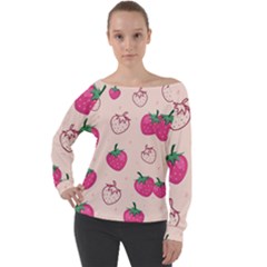 Seamless Strawberry Fruit Pattern Background Off Shoulder Long Sleeve Velour Top