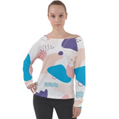 Hand Drawn Abstract Organic Shapes Background Off Shoulder Long Sleeve Velour Top