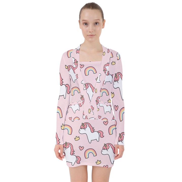 Cute-unicorn-rainbow-seamless-pattern-background V-neck Bodycon Long Sleeve Dress