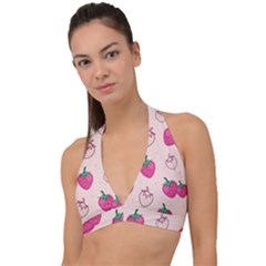 Seamless-strawberry-fruit-pattern-background Halter Plunge Bikini Top by Vaneshart