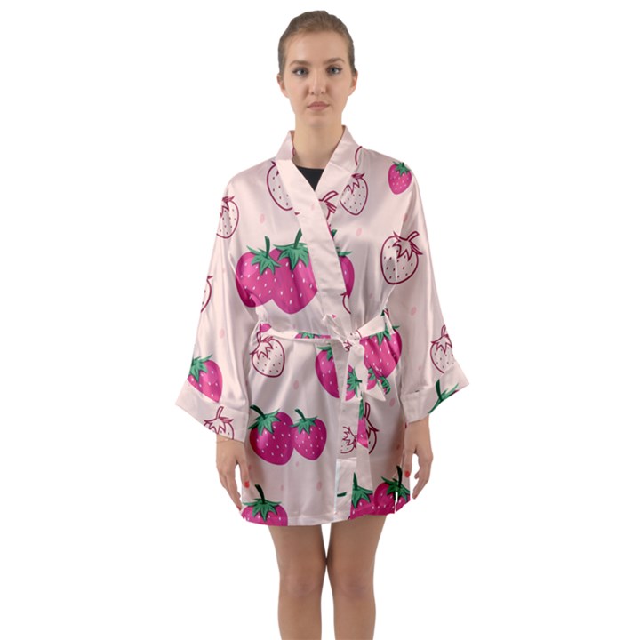 Seamless-strawberry-fruit-pattern-background Long Sleeve Satin Kimono