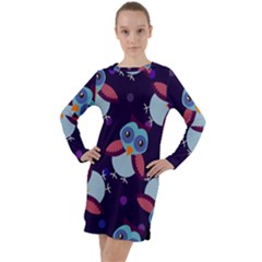 Owl-pattern-background Long Sleeve Hoodie Dress