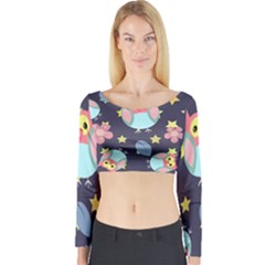 Owl Stars Pattern Background Long Sleeve Crop Top by Vaneshart