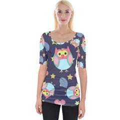 Owl Stars Pattern Background Wide Neckline Tee