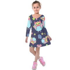 Owl Stars Pattern Background Kids  Long Sleeve Velvet Dress by Vaneshart