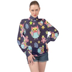 Owl Stars Pattern Background High Neck Long Sleeve Chiffon Top by Vaneshart