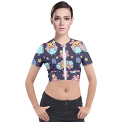 Owl Stars Pattern Background Short Sleeve Cropped Jacket by Vaneshart