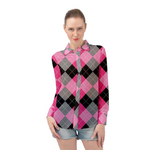 Seamless-argyle-pattern Long Sleeve Chiffon Shirt by Vaneshart