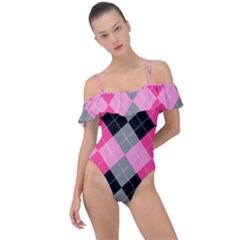 Seamless-argyle-pattern Frill Detail One Piece Swimsuit