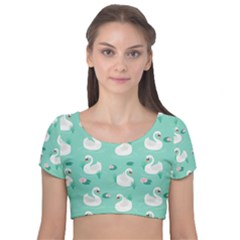 Elegant-swan-seamless-pattern Velvet Short Sleeve Crop Top  by Vaneshart