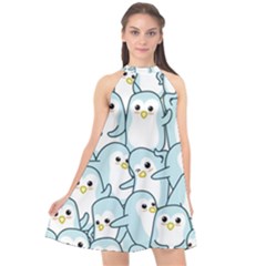 Penguins Pattern Halter Neckline Chiffon Dress 