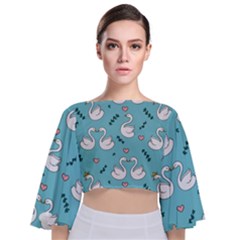 Elegant-swan-pattern-design Tie Back Butterfly Sleeve Chiffon Top by Vaneshart