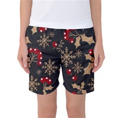 Christmas Pattern With Snowflakes Berries Women s Basketball Shorts by Vaneshart