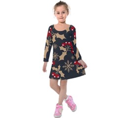 Christmas Pattern With Snowflakes Berries Kids  Long Sleeve Velvet Dress