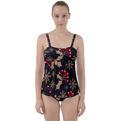 Christmas Pattern With Snowflakes Berries Twist Front Tankini Set by Vaneshart