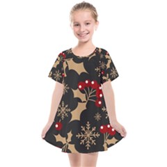 Christmas Pattern With Snowflakes Berries Kids  Smock Dress