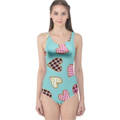 Seamless Pattern With Heart Shaped Cookies With Sugar Icing One Piece Swimsuit by Vaneshart