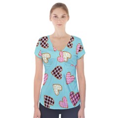 Seamless Pattern With Heart Shaped Cookies With Sugar Icing Short Sleeve Front Detail Top by Vaneshart