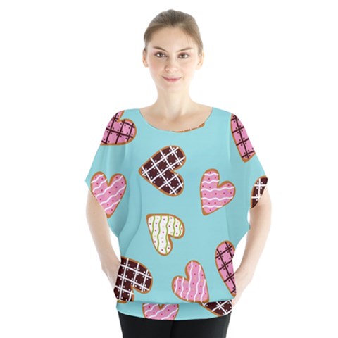 Seamless Pattern With Heart Shaped Cookies With Sugar Icing Batwing Chiffon Blouse by Vaneshart