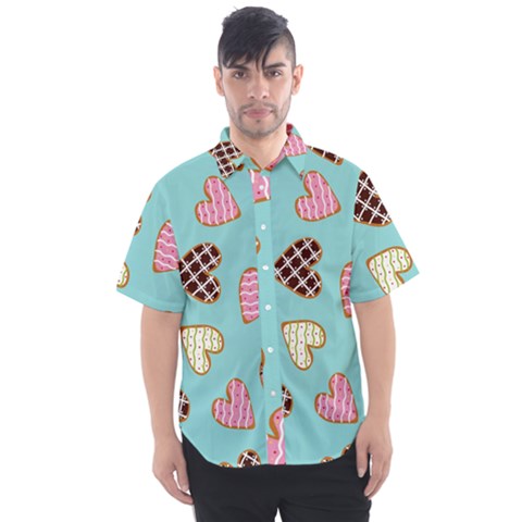 Seamless Pattern With Heart Shaped Cookies With Sugar Icing Men s Short Sleeve Shirt by Vaneshart