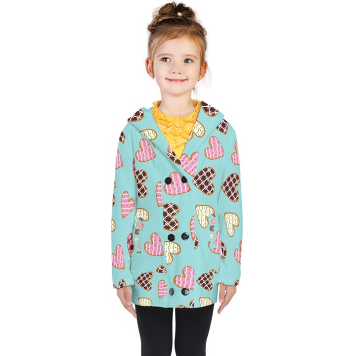 Seamless pattern with heart shaped cookies with sugar icing Kids  Double Breasted Button Coat