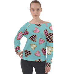 Seamless Pattern With Heart Shaped Cookies With Sugar Icing Off Shoulder Long Sleeve Velour Top