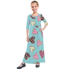 Seamless Pattern With Heart Shaped Cookies With Sugar Icing Kids  Quarter Sleeve Maxi Dress by Vaneshart