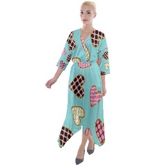 Seamless Pattern With Heart Shaped Cookies With Sugar Icing Quarter Sleeve Wrap Front Maxi Dress