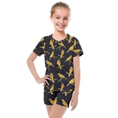 Background With Golden Birds Kids  Mesh Tee And Shorts Set