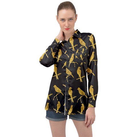 Background With Golden Birds Long Sleeve Satin Shirt by Vaneshart