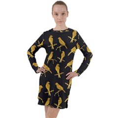 Background With Golden Birds Long Sleeve Hoodie Dress